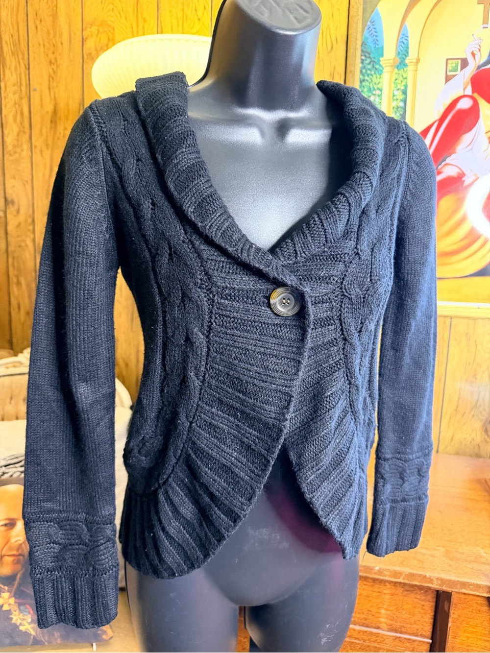 Pink Republic Charcoal Black Cable Knit Shawl-Collar Cardigan